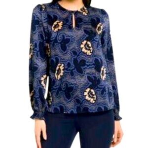 Ted Baker Floral Blue & Pink Blouse Long Sleeve Ruching On Cuff Key Hole Size XL
